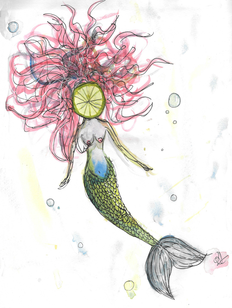 "Mermaid", Watercolor and pen