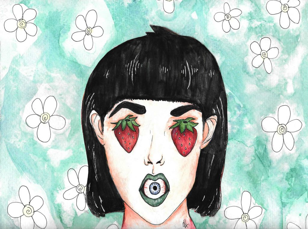 "Strawberry Eyes", Watercolor and pen